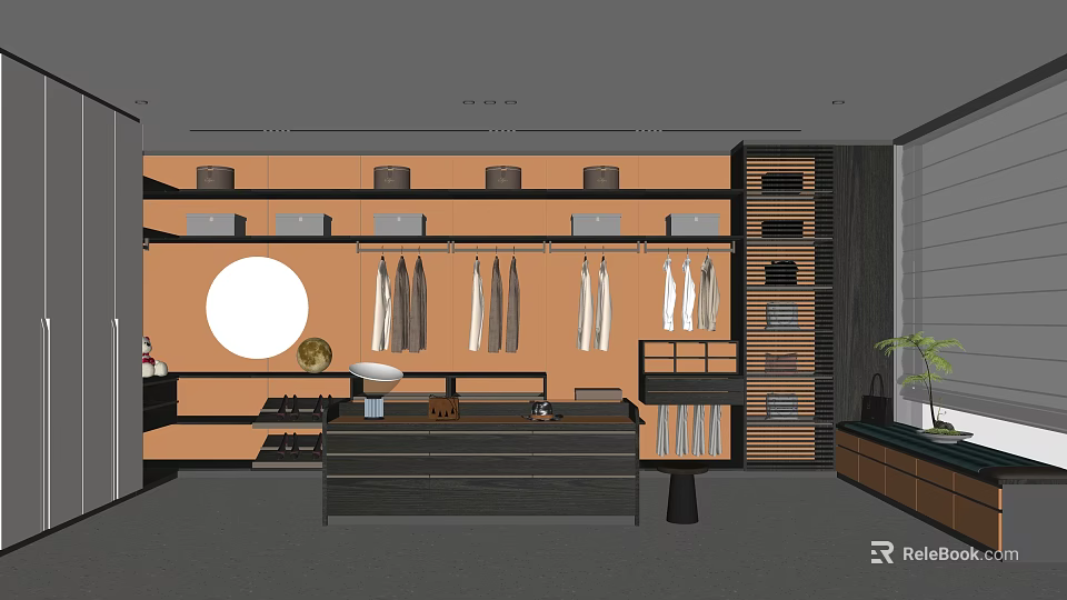 Modern Walk In Closet Interior With Hanging Clothes Storage Boxes Round Mirror And Shoe Storage 3d model 