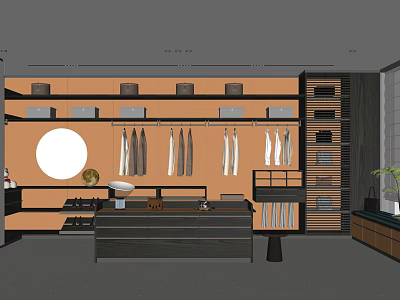 Modern Walk In Closet Interior With Hanging Clothes Storage Boxes Round Mirror And Shoe Storage 3d model