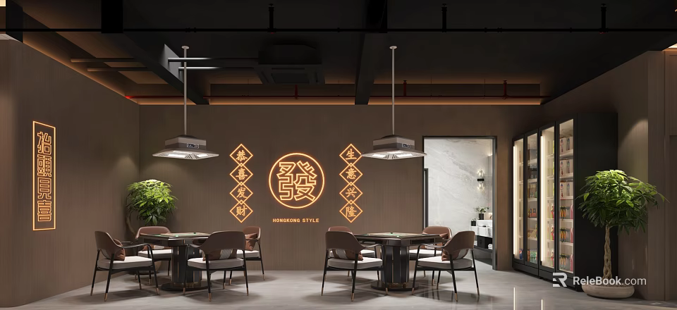 Modern Chinese Style Hotel Mahjong Room Interior With Wall Decorations Hanging Lamps And Green Plants 3d model 