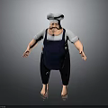 Cartoon Chef Character Featuring White Shirt Blue Apron Chef Hat Mustache Chubby Build And Barefoot