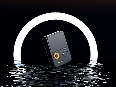 Black Portable Digital Device with Orange Buttons and White Ring Light on Water Ripple Background 3d model