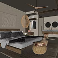 Hotel Guest Room with Wooden Bed Woven Pendant Light Open Wardrobe Bathroom and Natural Tones
