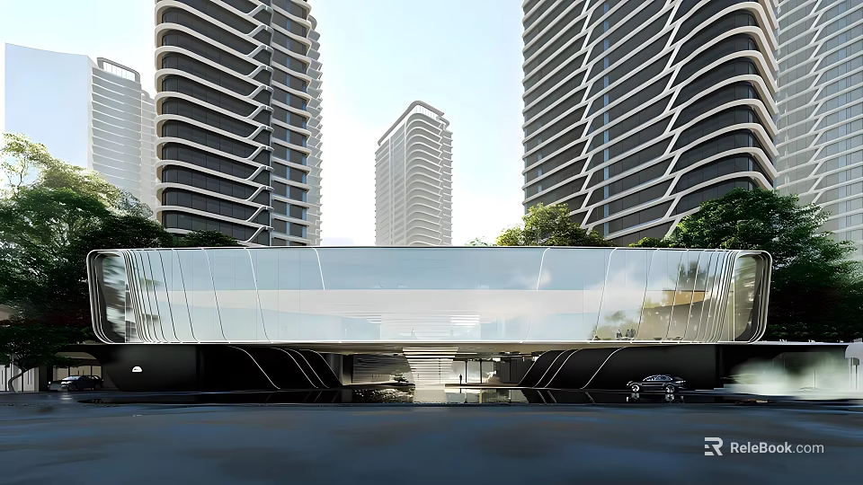 Modern Glass Sales Office Building With High-rise Residential Buildings And Greenery 3d model 