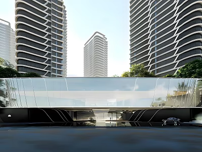 Modern Glass Sales Office Building With High-rise Residential Buildings And Greenery 3d model