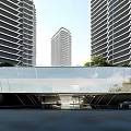 Modern Glass Sales Office Building With High-rise Residential Buildings And Greenery