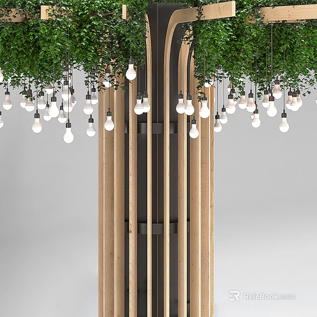 Creative Hanging Chandelier With Hanging Greenery Wooden Structure And Light Bulbs 3d model 