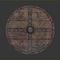 Ornate Ancient Round Wooden Shield With Red Patterns And Metal Center