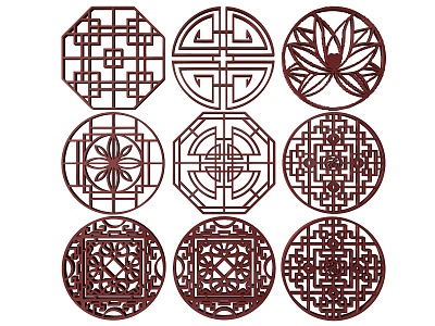 New Chinese Style Flower Lattice Carved Flower Lattice Window Flower Round Window Flower Carved Hollow Flower Window Vintage Pattern Window 3d model