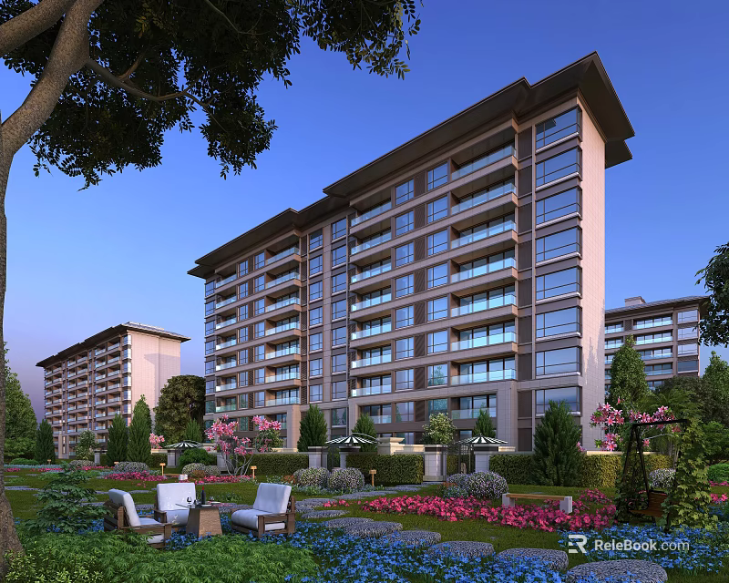 Modern Residential Building with Elegant Facade Landscaped Garden Greenery and Outdoor Seating 3d model 