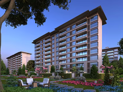 Modern Residential Building with Elegant Facade Landscaped Garden Greenery and Outdoor Seating 3d model
