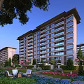 Modern Residential Building with Elegant Facade Landscaped Garden Greenery and Outdoor Seating