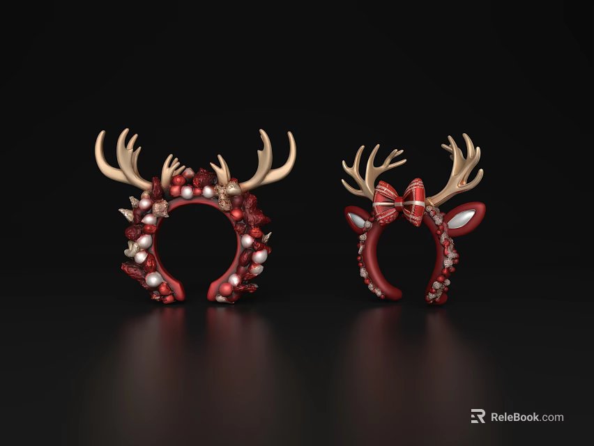 Festive Christmas Red Hair Headbands with Antlers Pearls and Bow Decorations 3d model 