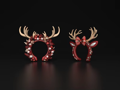 Festive Christmas Red Hair Headbands with Antlers Pearls and Bow Decorations 3d model