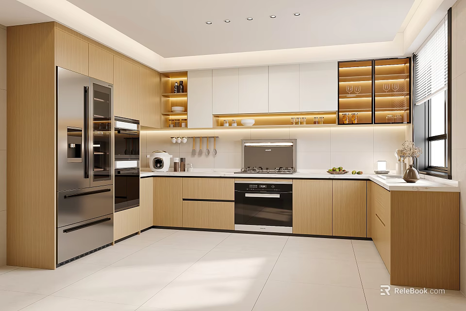 Modern Kitchen Interior With Light Wood Cabinets Stainless Steel Appliances White Countertop And Storage 3d model 