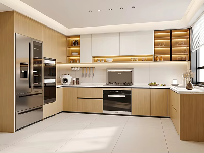 Modern Kitchen Interior With Light Wood Cabinets Stainless Steel Appliances White Countertop And Storage 3d model