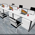 Modern Office Desk With Multiple Laptops And Red Mugs Surrounded By Ergonomic Chairs And Drawers