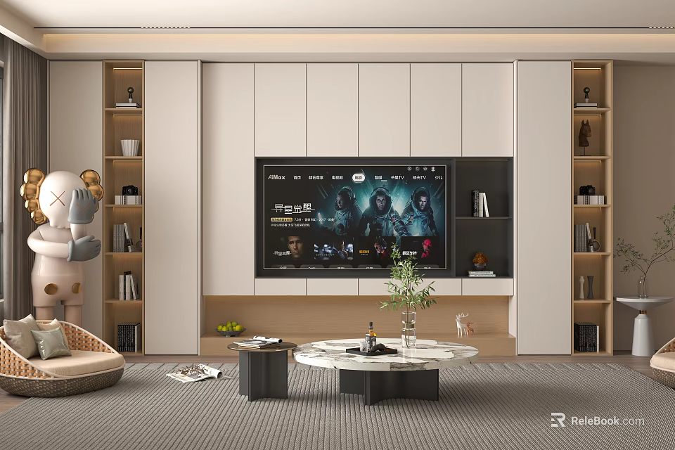 Modern TV Wall Unit In Living Room With Storage Cabinets Open Shelves And Green Plant 3d model 