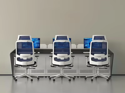 Three Workstations Modern Desk And Chair Set With Screens Neatly Arranged 3d model