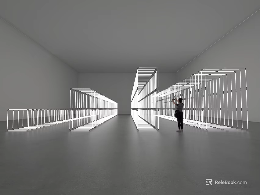 Contemporary Art Installation With White Frame Structure And Lighting Effects In Gallery Space 3d model 