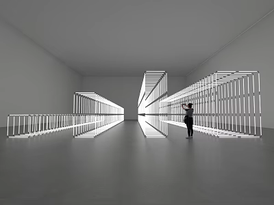 Contemporary Art Installation With White Frame Structure And Lighting Effects In Gallery Space 3d model