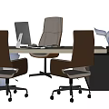 Modern Office Desk With Computer Monitor Comfortable Chairs And Decorative Sculpture
