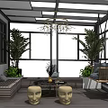Sunroom Interior Design With Glass Roof Chandelier Swing Chair Palm Plants And Wooden Floor