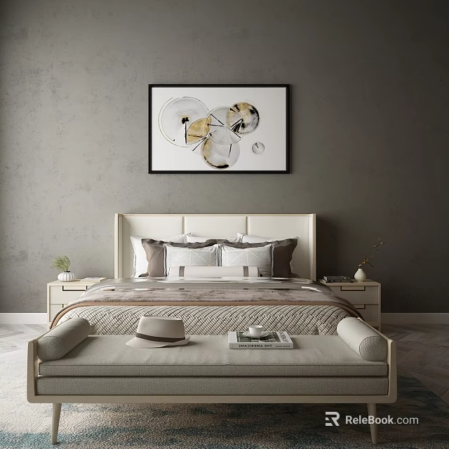Modern Double Bed With Light Headboard Pillows Nightstands Potted Plant Vase And Abstract Painting 3d model 