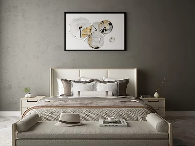 Modern Double Bed With Light Headboard Pillows Nightstands Potted Plant Vase And Abstract Painting 3d model