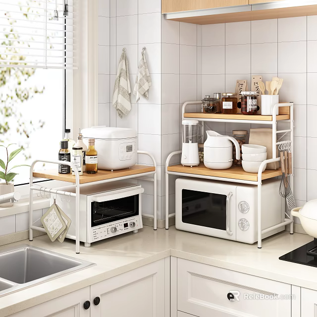 Kitchen Storage Shelf With Microwave Rice Cooker Blender And Kitchen Items 3d model