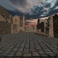 Ancient Ruins Scene With Stone Walls Towers And Cobblestone Path Under Sunset Sky