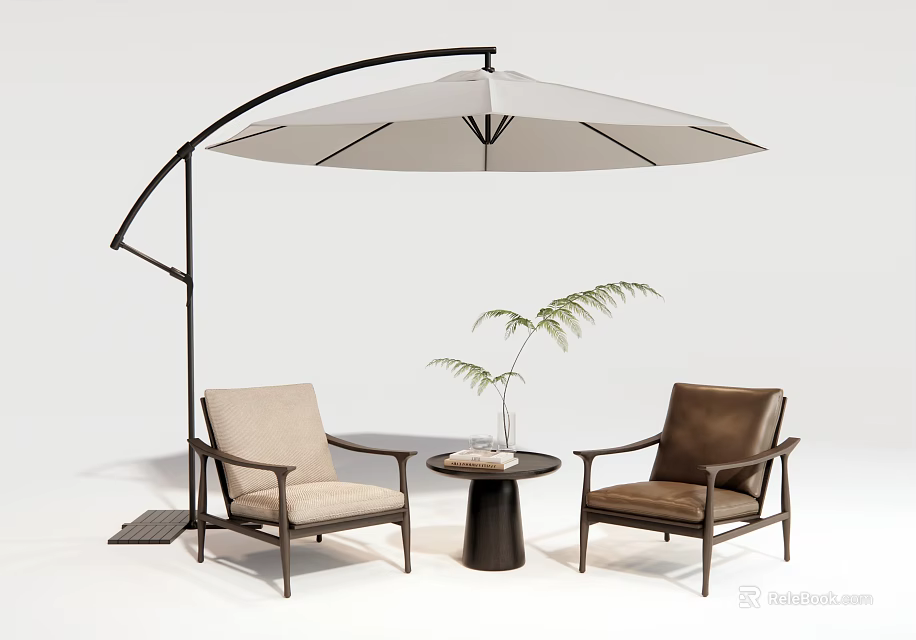 Light and Dark Colored Outdoor Chairs with Curved Umbrella Small Round Table and Plant 3d model 