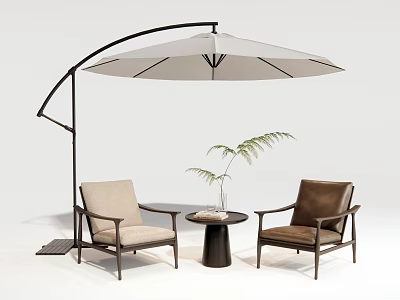 Light and Dark Colored Outdoor Chairs with Curved Umbrella Small Round Table and Plant 3d model