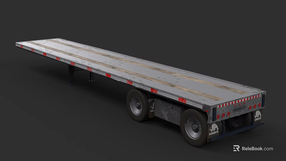 Commercial Flatbed Trailer With Long Metal Deck Dual Wheels And Reflective Strips 3d model 