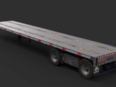 Commercial Flatbed Trailer With Long Metal Deck Dual Wheels And Reflective Strips 3d model