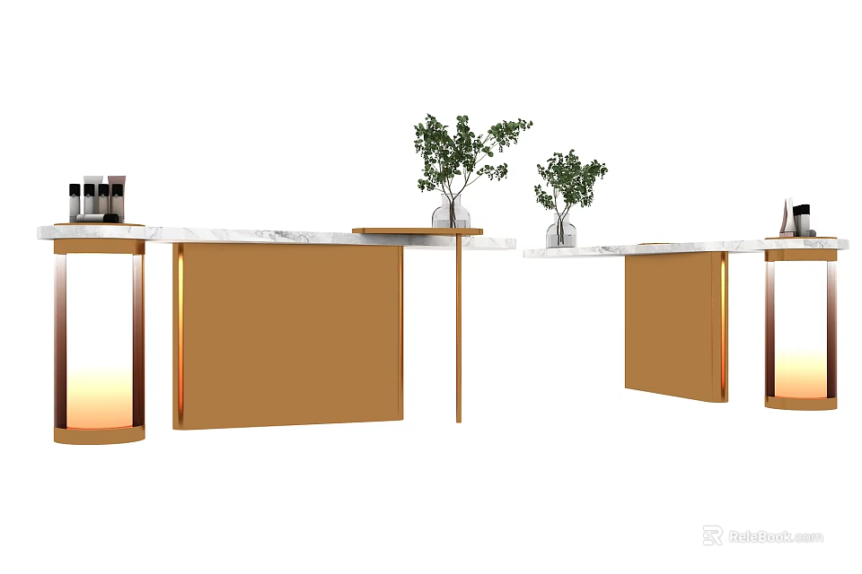 Elegant Modern Display Shelves With Gold Frame Marble Countertop Green Plants And LED Lighting 3d model 