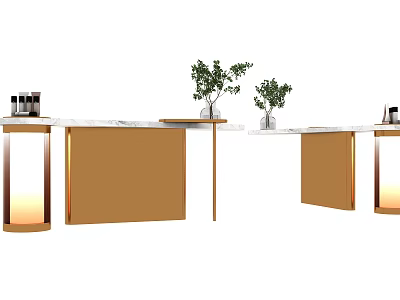Elegant Modern Display Shelves With Gold Frame Marble Countertop Green Plants And LED Lighting 3d model