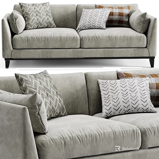 Modern Two Seater Sofa Design With Light Gray Fabric And Patterned Cushions 3d model