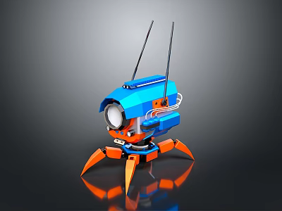 Computer Controlled Robotic Device With Blue Orange Design Dual Antennas Camera Lens And Mechanical Legs 3d model
