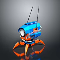 Computer Controlled Robotic Device With Blue Orange Design Dual Antennas Camera Lens And Mechanical Legs