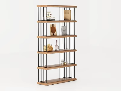 Modern Open Bookcase With Wooden Shelves And Metal Frame Decorated With Books And Decorative Items 3d model