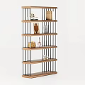 Modern Open Bookcase With Wooden Shelves And Metal Frame Decorated With Books And Decorative Items