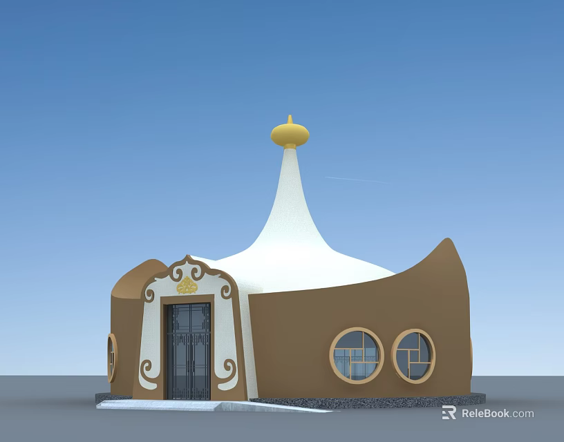 Unique Brown Building With White Roof Golden Dome Black Door And Round Windows 3d model 