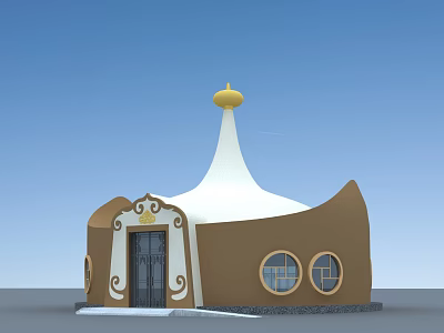 Unique Brown Building With White Roof Golden Dome Black Door And Round Windows 3d model