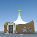Unique Brown Building With White Roof Golden Dome Black Door And Round Windows
