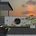 Modern Courtyard Garden With Outdoor Seating Plants Stone Paving And Circular Wall Art