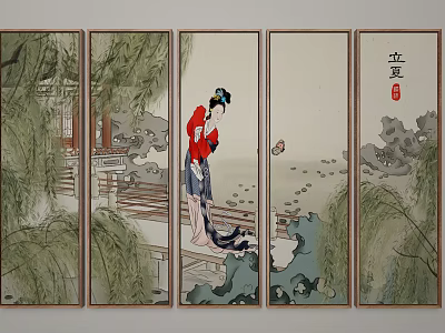 Chinese Traditional Screen Paintings Depicting Elegant Woman in Traditional Dress With Willow Lotus and Railings 3d model