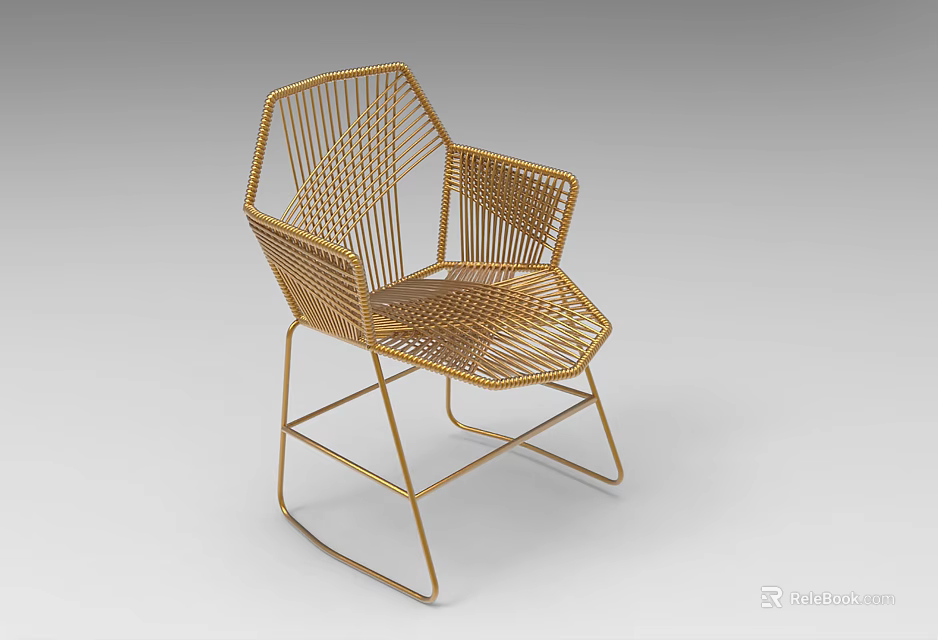 Stylish Modern Gold Woven Single Chair With Geometric Metal Frame Design 3d model 