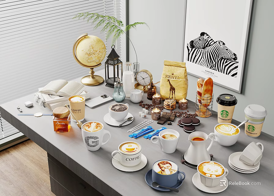 Assorted Coffee Beverages With Latte Art Cups Starbucks Mugs And Coffee Beans 3d model 