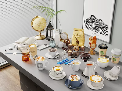 Assorted Coffee Beverages With Latte Art Cups Starbucks Mugs And Coffee Beans 3d model