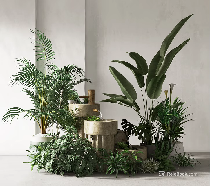Indoor Green Plants Display With Palm Large Leaves And Stone Decorative Containers 3d model 